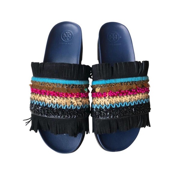 Tory Burch Isle Beaded Fringe Flat Slide Sandals - Picture 1 of 7